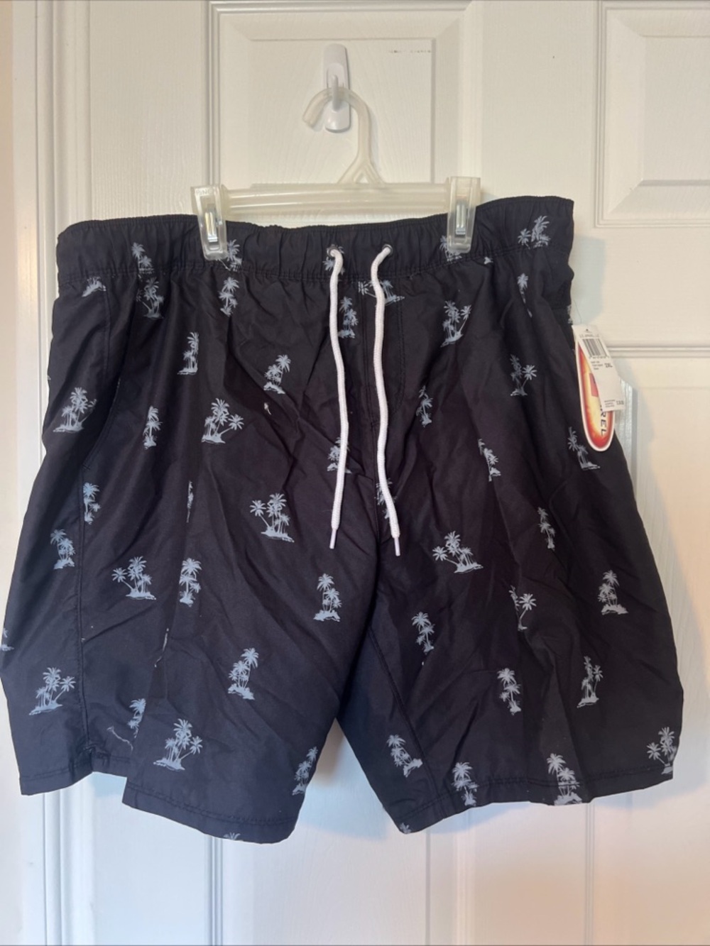 Men's Black Palm-Print Swim Trunks with White Drawstring